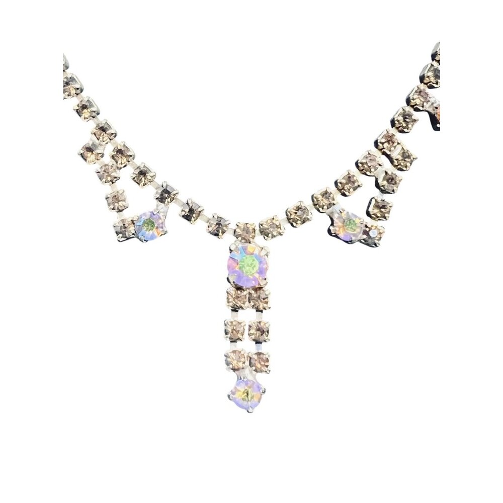 Gold Tone Choker Necklace With AB Rhinestones And Screw back Earrings Set (6186) - Picture 3 of 11